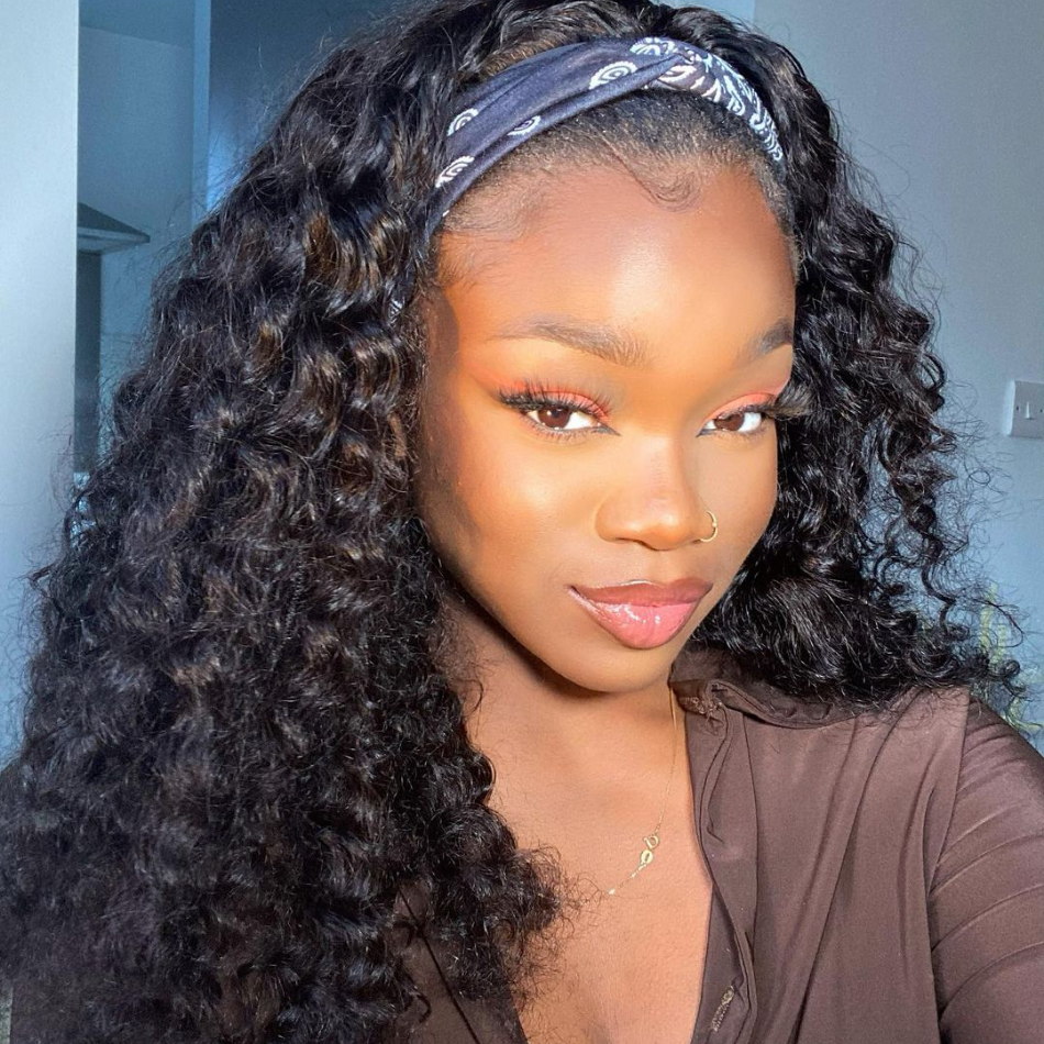 Deep Wave Headband Wig hort Black Human Hair Wig with Headband for Black Women Hair Wig with Curls