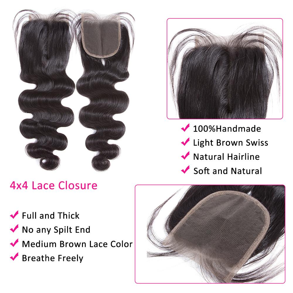 Cheveux brésiliens Body Wave 3 faisceaux avec fermeture à lacet 4 * 4 10A Grade 100% cheveux humains Remi - Amanda Hair