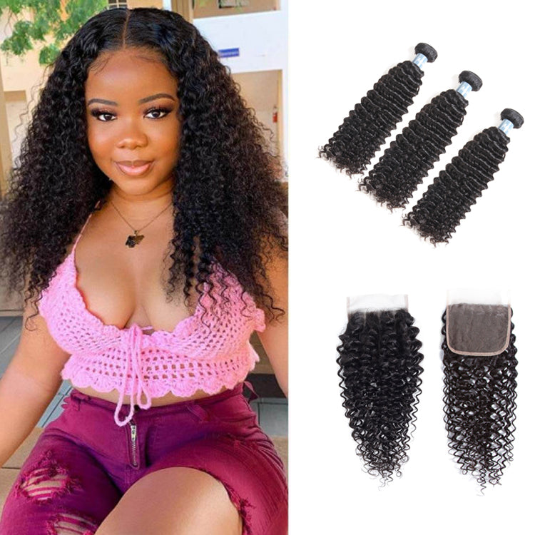 Kinky Curly 3 Bundles Avec 4 * 4 Lace Closure 9A Grade Cheveux Brésiliens 100% Cheveux Humains Non Transformés Noël Hot Item - Amanda Hair