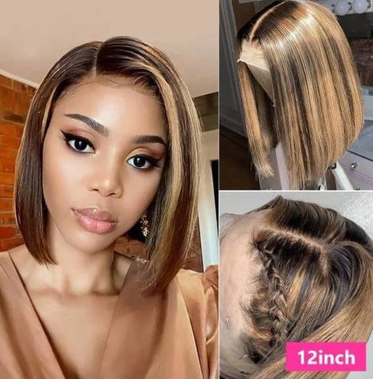 Ombre Color Straight Human Hair Honey Blond Bob Highlight Wig 150% Density-Amanda Hair