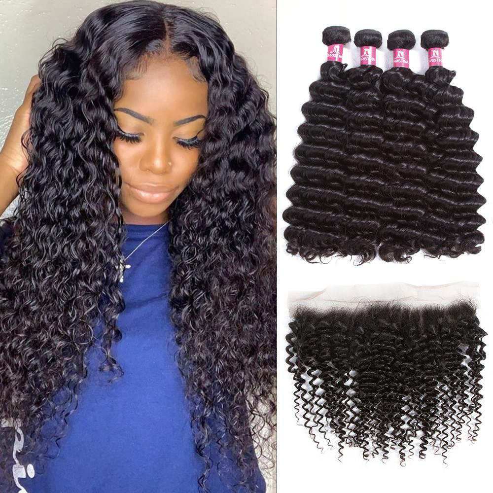 Deep Wave 4 Bundles With 13*4 Lace Frontal Brazilian Hair 10A Grade 100% Remi Human Hair Soft Shiny Wave Hair - Amanda Hair