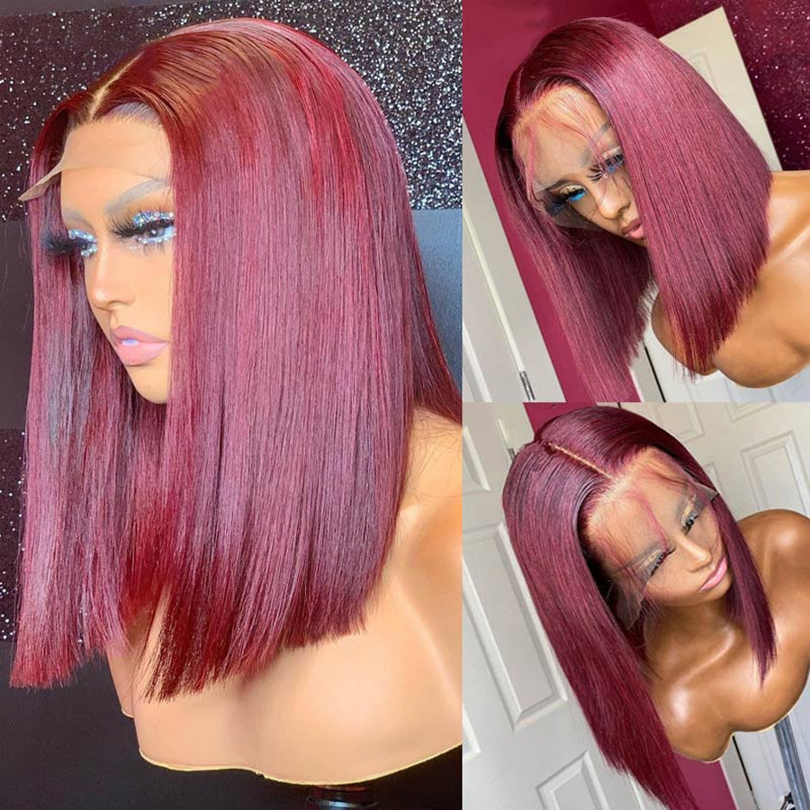 Short Bob 13x4 Lace Front Wig Burgundy 99J Straight Bob Wig 100% Human Hair For Black Women-Amanda Hair