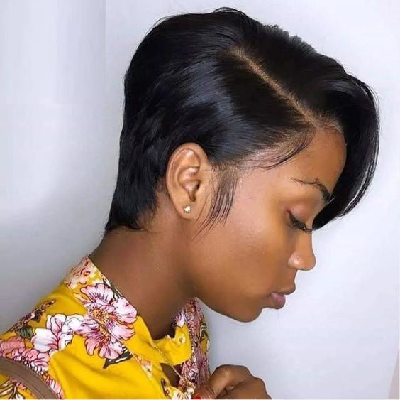 Straight Short Bob Side Part Lace Front Pixie Cut Wigs With Bang Cuticle Aligned Glueless Transparent J Shape Lace Bob Wig - Amanda Hair