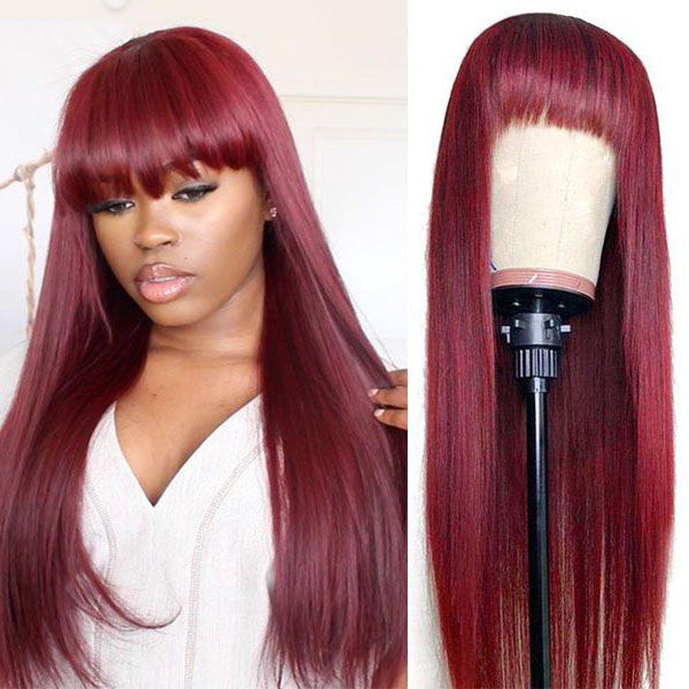 Amanda Glueless Straight Human Hair 99J Burgundy Color Full Machine Made Wigs With Bangs