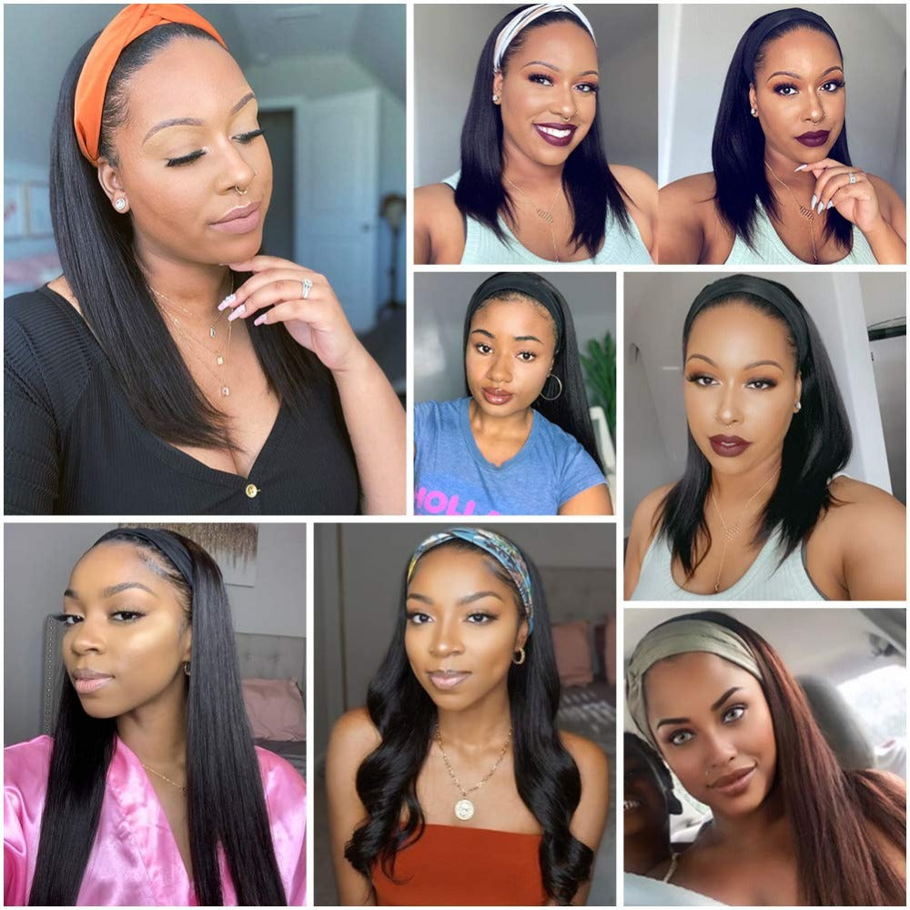 Headband Wig Straight Human Hair Wigs 150% Density Headband Wig with Scarf
