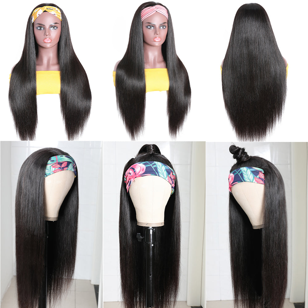 Headband Wig Straight Human Hair Wigs 150% Density Headband Wig with Scarf