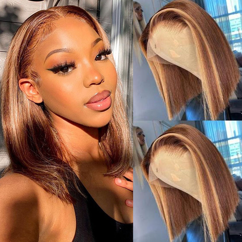 Ombre Color Straight Human Hair Honey Blond Bob Highlight Wig 150% Density-Amanda Hair