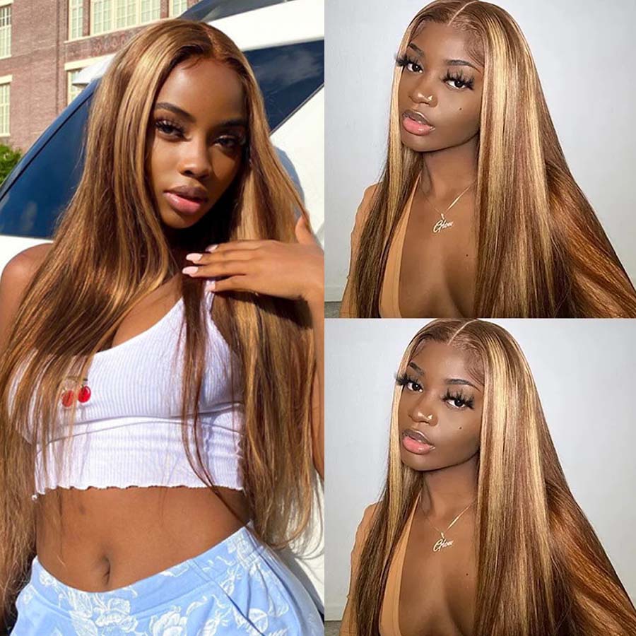P4/27 Color Honey Blonde Wig Straight Highlighted Human Hair