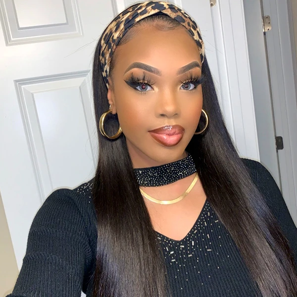 New Headband Wig Straight Human Hair Wigs 150% Density Headband Wig with Scarf