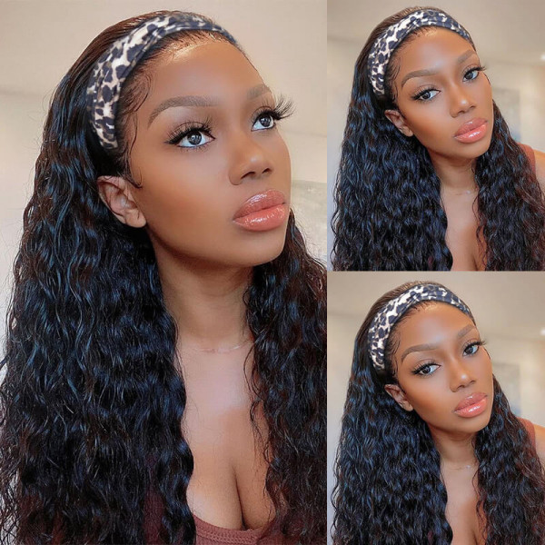 Water Wave Headband Hair Wigs 150% Density With Scarf