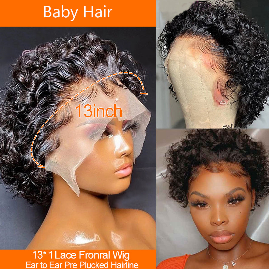 Short Pixie Cut Wig Transparent Lace Human Hair Wigs For Women Curly Frontal Wig Side Part Bob Wig 13x1 Short Lace Part Wigs-Amanda Hair