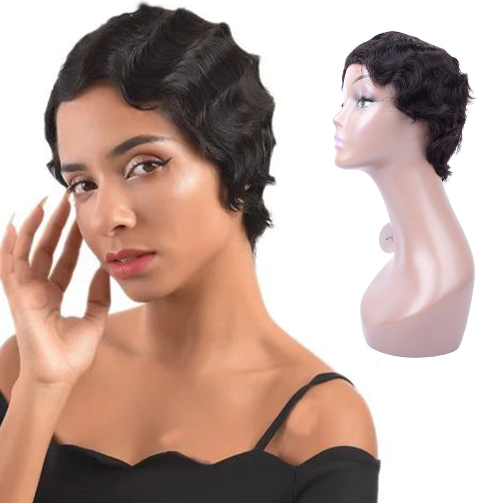 Pixie Cut Finger Wave Wig Machine Made Gluless Human Hair Wavy Wigs-Amanda Hair