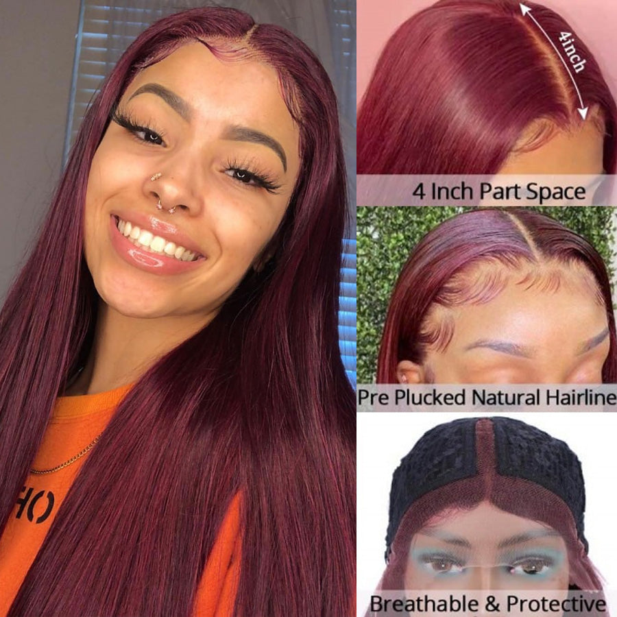 Straight Human Hair 99J Burgundy Wig T Part 13*4*1 Lace Frontal Colored Wigs-Amanda Hair