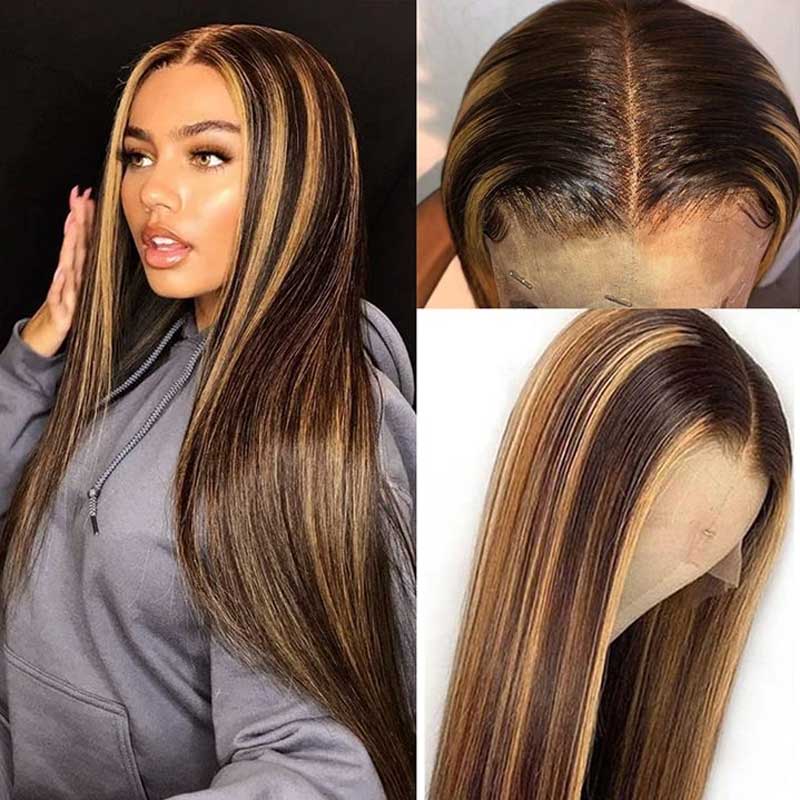 5*5 HD Lace Wig Highlight Closure Wig Brazilian Straight Virgin Human Hair Wigs Honey Blonde Highlights-Amanda Hair