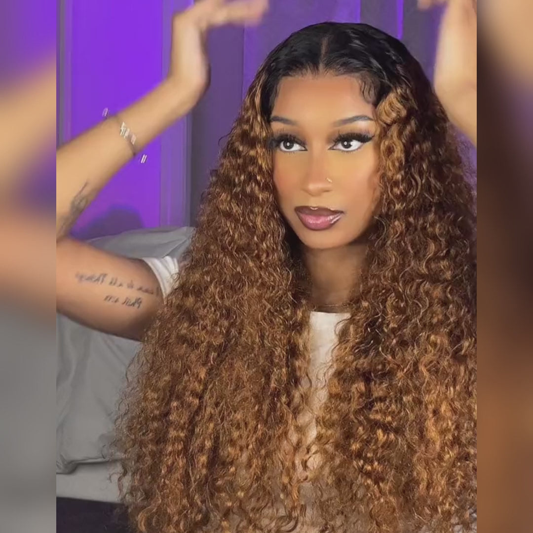 Caramel Brown Water Wave Lace Front Human Hair Wig Dark Root Lace Front Ombre Color Wig for Women-Amanda Hair