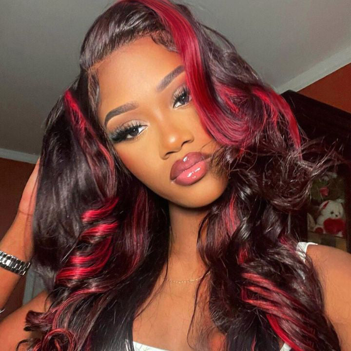 Highlight Transparent Lace Front Human Hair Wigs Loose Wave Ombre Red Highlights Color 13x4/4x4 Lace Frontal Wig-Amanda Hair