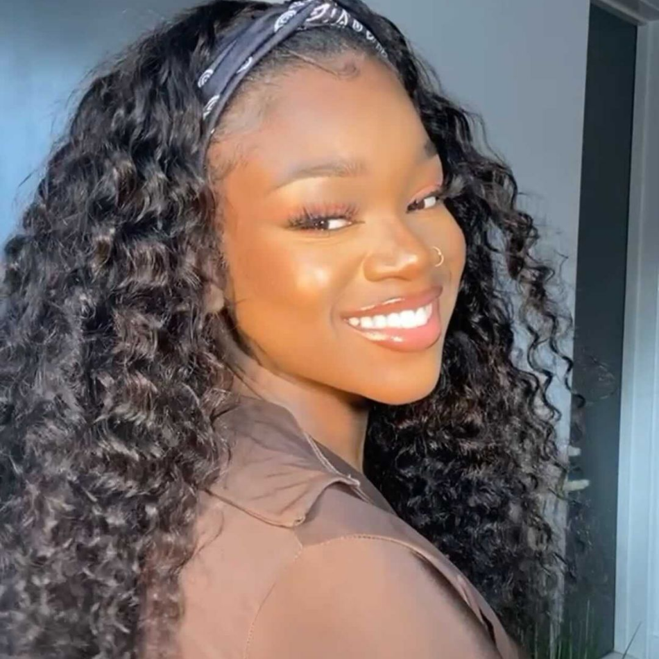 Deep Wave Headband Wig hort Black Human Hair Wig with Headband