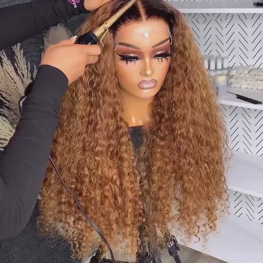 Caramel Brown Water Wave Lace Front Human Hair Wig Dark Root Lace Front Ombre Color Wig for Women-Amanda Hair