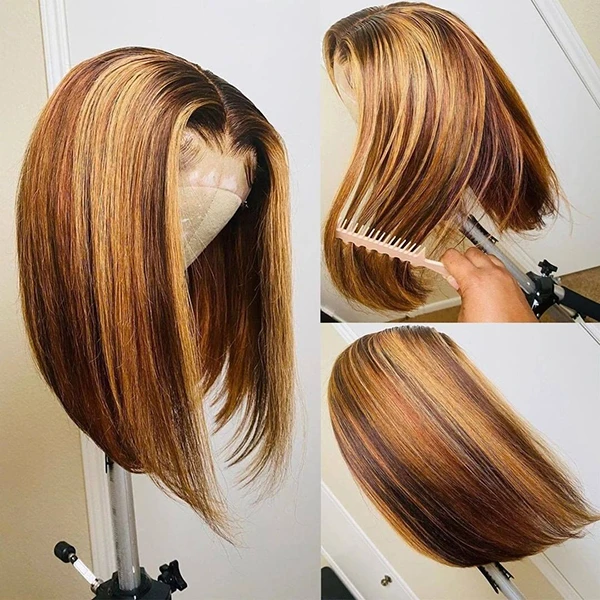 Ombre Color Straight Human Hair Honey Blond Bob Highlight Wig 150% Density-Amanda Hair