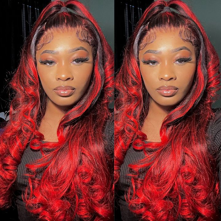Vente Flash Extra 50% de réduction sur £ ¬ Code £ º HALF50, Mettez en surbrillance Transparent Lace Front Perruques de cheveux humains Vague lâche Ombre Rouge Faits saillants Couleur 13x4 / 4x4 Lace Frontal Wig-Amanda Hair