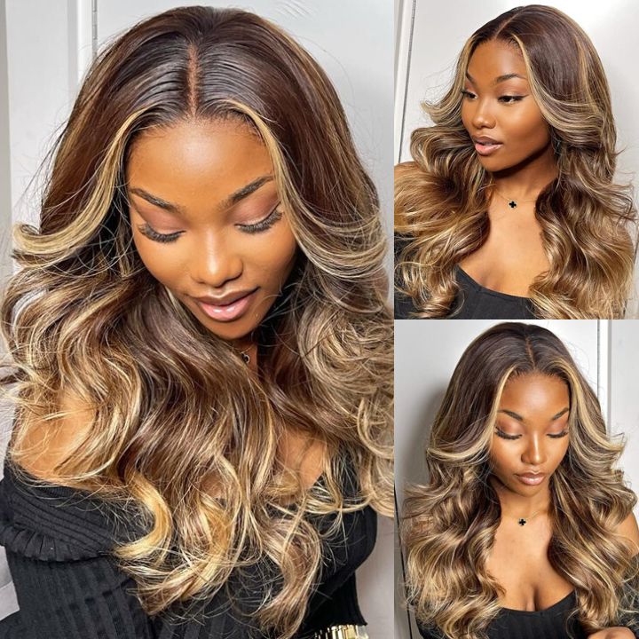 Glueless Invisible Honey Blonde Highlight Body Wave 13x4 Pelucas delanteras de encaje Cabello humano Peluca de color degradado