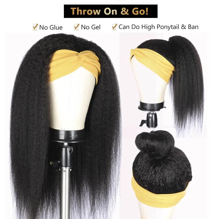 Kinky Straight Headband Wigs Human Hair 150% Density Glueless Wig