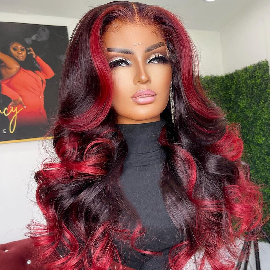 Vente Flash Extra 50% de réduction sur £ ¬ Code £ º HALF50, Mettez en surbrillance Transparent Lace Front Perruques de cheveux humains Vague lâche Ombre Rouge Faits saillants Couleur 13x4 / 4x4 Lace Frontal Wig-Amanda Hair