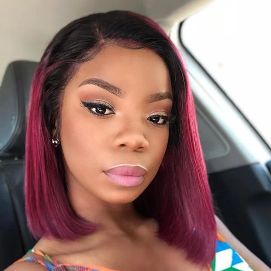 Amanda Straight Hair Ombre T1b/99j Burgundy Color Short Bob Lace Front Wig Free Part