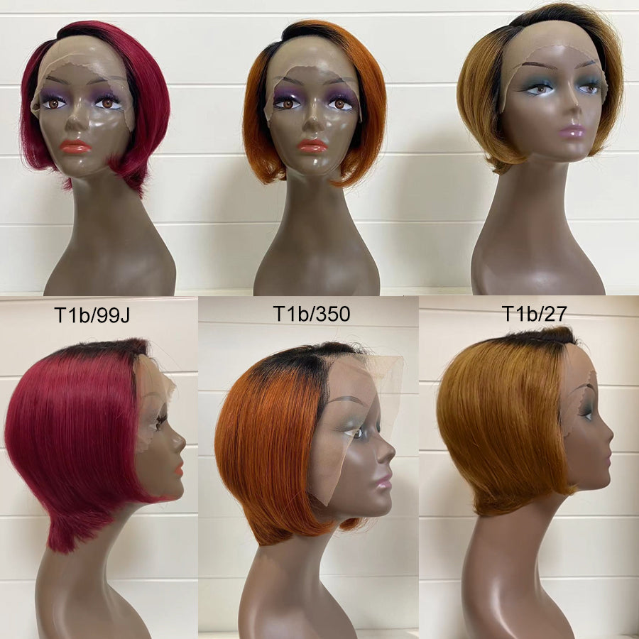 Straight Short Bob Side Part Lace Front Pixie Cut Wigs With Bang Cuticle Aligned Glueless Transparent J Shape Lace Bob Wig - Amanda Hair