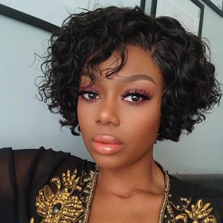 Pixie Cut Human Hair Wig 13*4 Lace Front Short Curly Bob Wig Plucked Pixie Wigs With Baby Hair - Amanda Hair