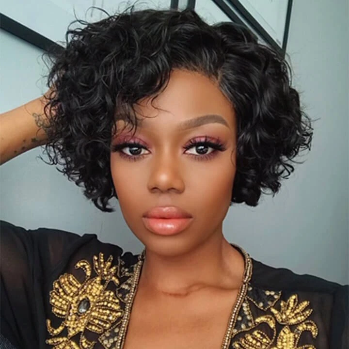 Pixie Cut Human Hair Wig 13*4 Lace Front Short Curly Bob Wig Plucked Pixie Wigs With Baby Hair - Amanda Hair