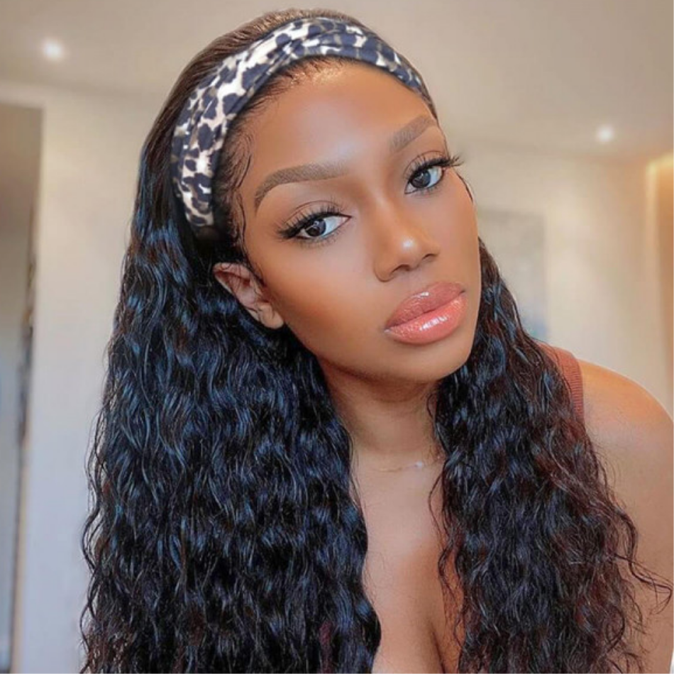 Water Wave Headband Hair Wigs 150% Density Headband Wig With Scarf