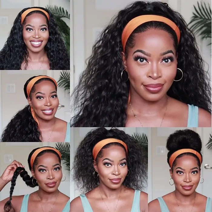 Water Wave Headband Hair Wigs 150% Density With Scarf