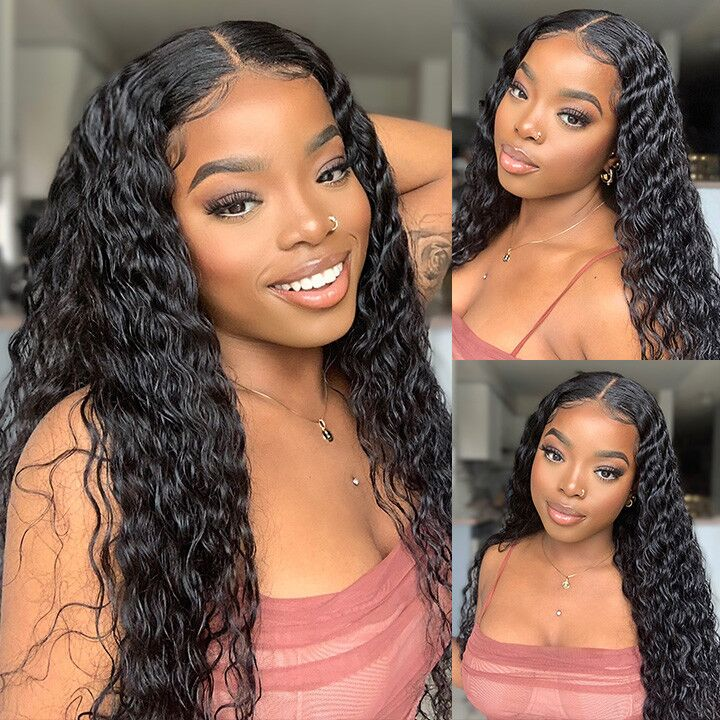 Freetress Water Wave Hair Wig Human Hair 4*4 HD Lace Closure Wig Natural Color 