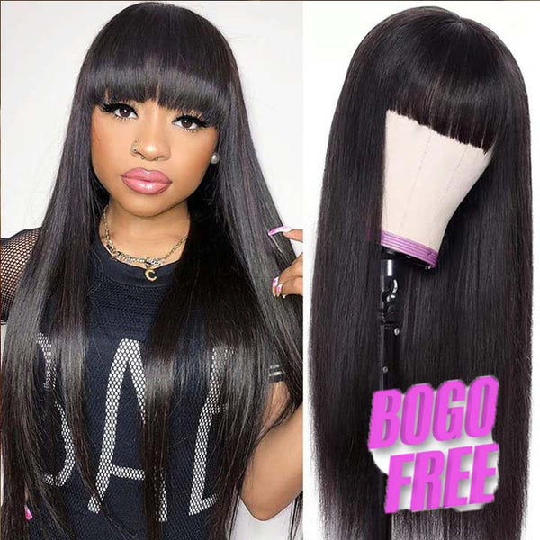 Pelucas de cabello humano recto largo sin cola con flequillo Peluca de cabello brasileño virgen hecho a máquina - Amanda Hair