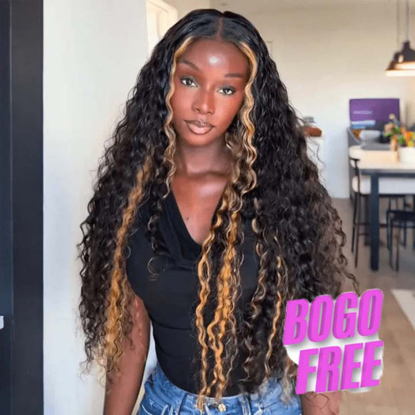 Mechas rubias sin pegamento en una lujosa peluca de ondas profundas y rizadas con encaje frontal - Peluca transparente con encaje frontal y cierre - Amanda Hair