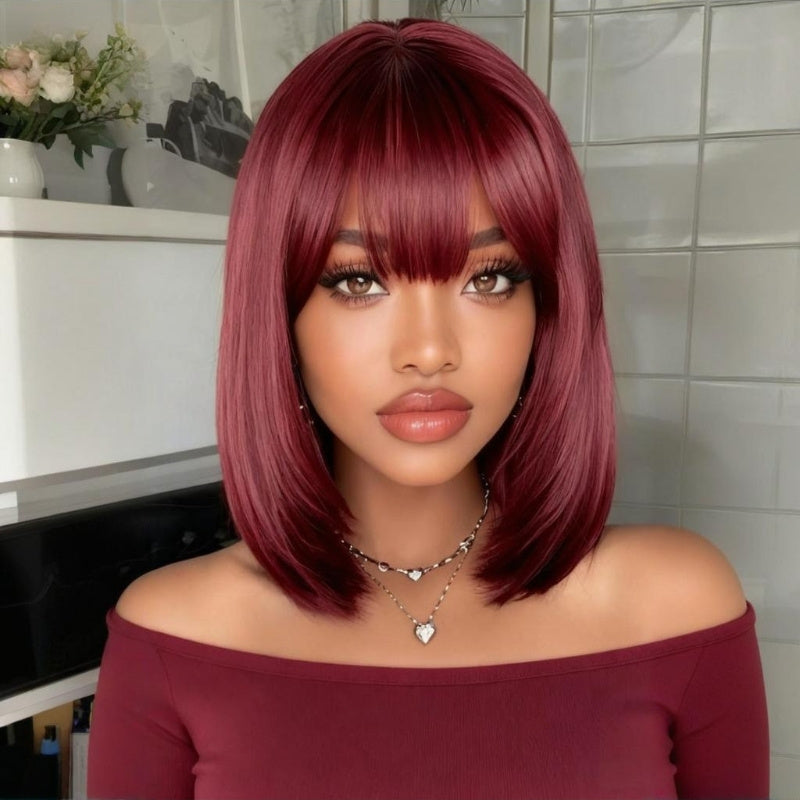 Straight Hair Red Bob Wigs Machine Made Burgundy Bob Wig Human Hair Glueless Short Bob Wigs-Amanda Hair