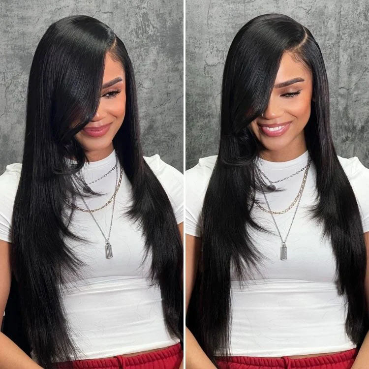 Glueless Layered Haircut Lace Closure Perruques droites Perruques de cheveux humains soyeux Jeter et aller Perruques d'entraînement