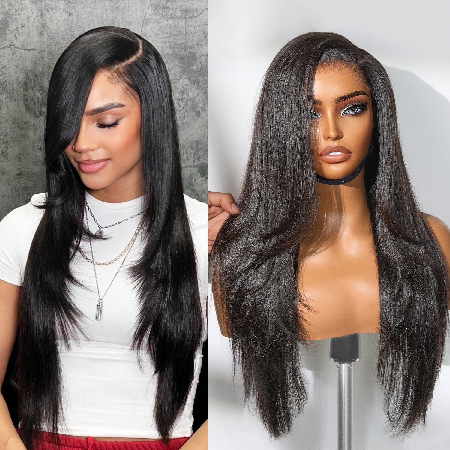 Glueless Layered Haircut Lace Closure Perruques droites Perruques de cheveux humains soyeux Jeter et aller Perruques d'entraînement