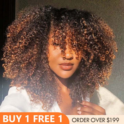 Amanda Double Drawn 300% Density 2×4 Lace Glueless Ombre Brown Curly Wig With Bangs & Drawstring