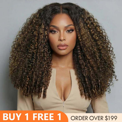 300% Density Brown Highlight Burmese Curly 13x6 Lace Front HD Transparent Lace Glueless Human Hair Wig