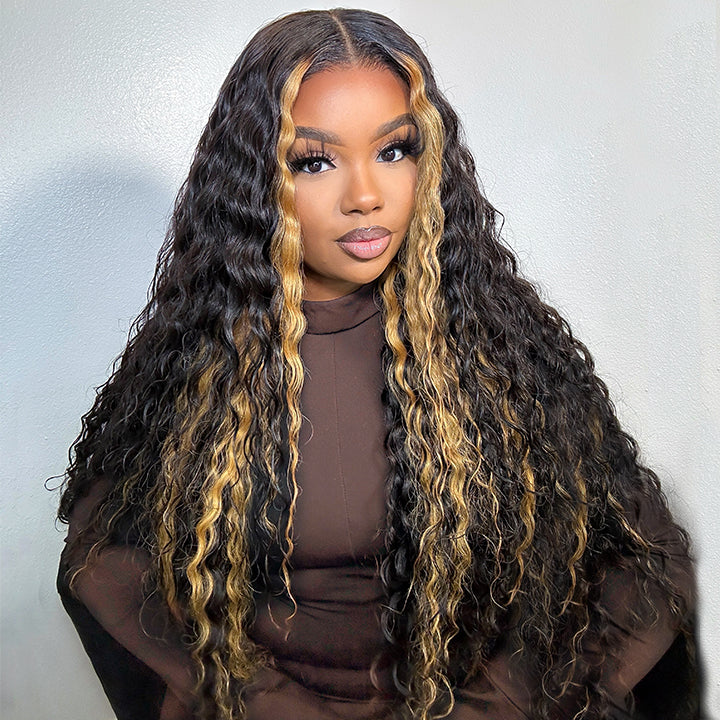 Glueless  Blonde Highlights on Luxurious Lace Frontal Deep Curly Wave Wig - Clear Transparent Lace Front/Closure Wig- Amanda Hair