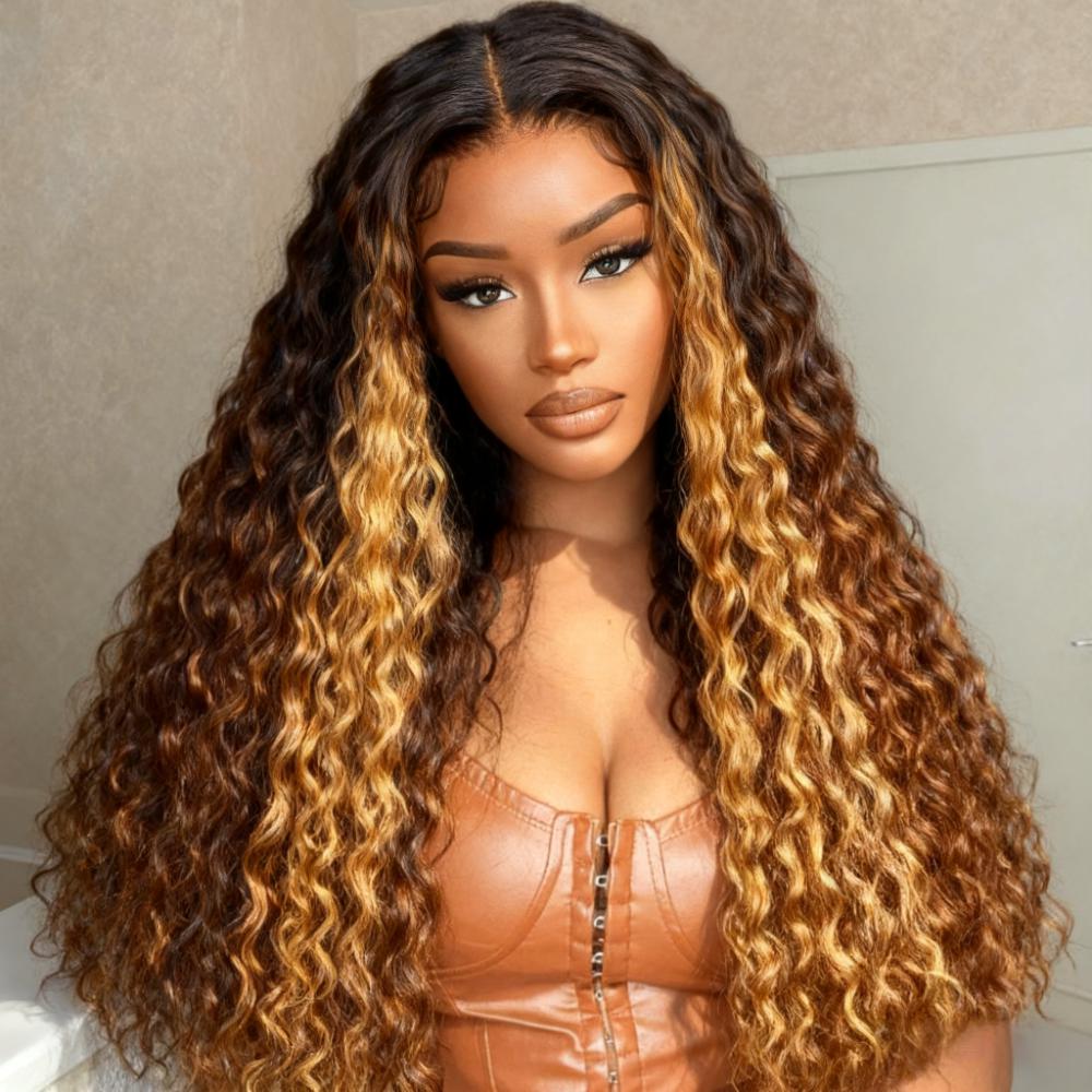 V Part Ombre Highlights Brown Water Wave Wig Hand-woven Invisible Drawstring Glue-free 100% Human Hair Beginner-friendly Flash Sale - Amanda Hair