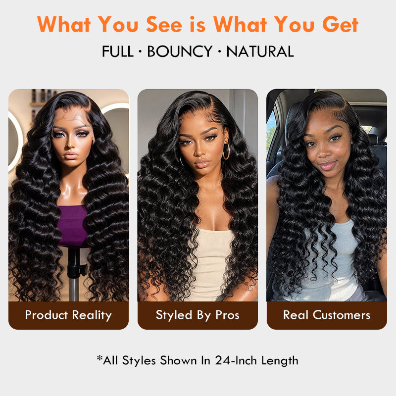Amanda 300% Density Luxury Custom 13x6 Glueless Bouncy Crimp Wavy With Drawstring Super Double Drawn Virgin Human Hair Lace Wig