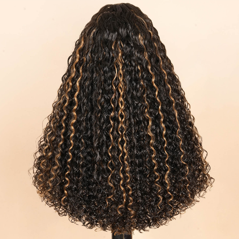 V Part Highlight Brown Water Wave Wig Handwoven Invisible Drawstring Glueless 100% Human Hair  Beginner Friendly Flash Sale-Amanda Hair