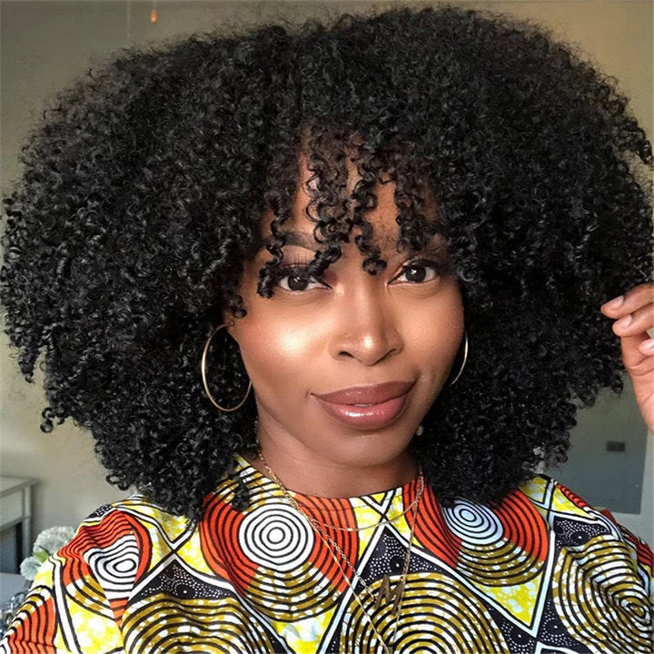 Glueless Full Afro Kinky Curly Wig Double Drawn 4B 3C Human Hair Wigs With Bangs Wear & Go Install