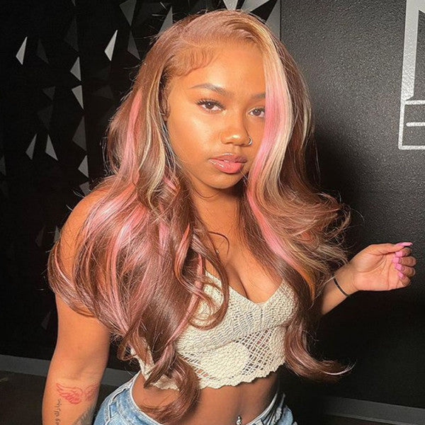 Glueless  Pink Balayage Brown Hair Color  Wigs Body Wave Lace Closure Front Wigs Pre-plucked with Baby Hair