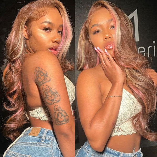 Glueless  Pink Balayage Brown Hair Color  Wigs Body Wave Lace Closure Front Wigs Pre-plucked with Baby Hair
