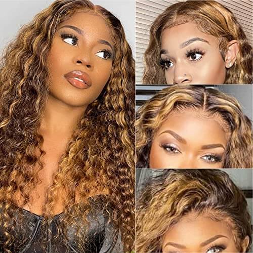 Glueless Highlight  Deep Wave Lace Front Human Hair Wig Ombre Blonde Lace Front Wig for Women-Amanda Hair