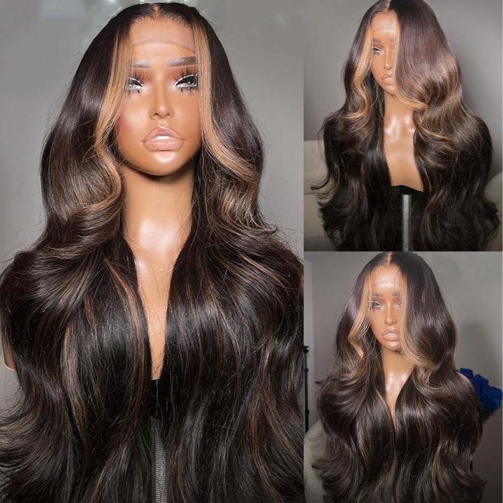 Glueless Skunk Stripe Color Human Hair Wigs Money Piece Brown Body Wave HD Transparent Lace Front Wigs -Amanda Hair